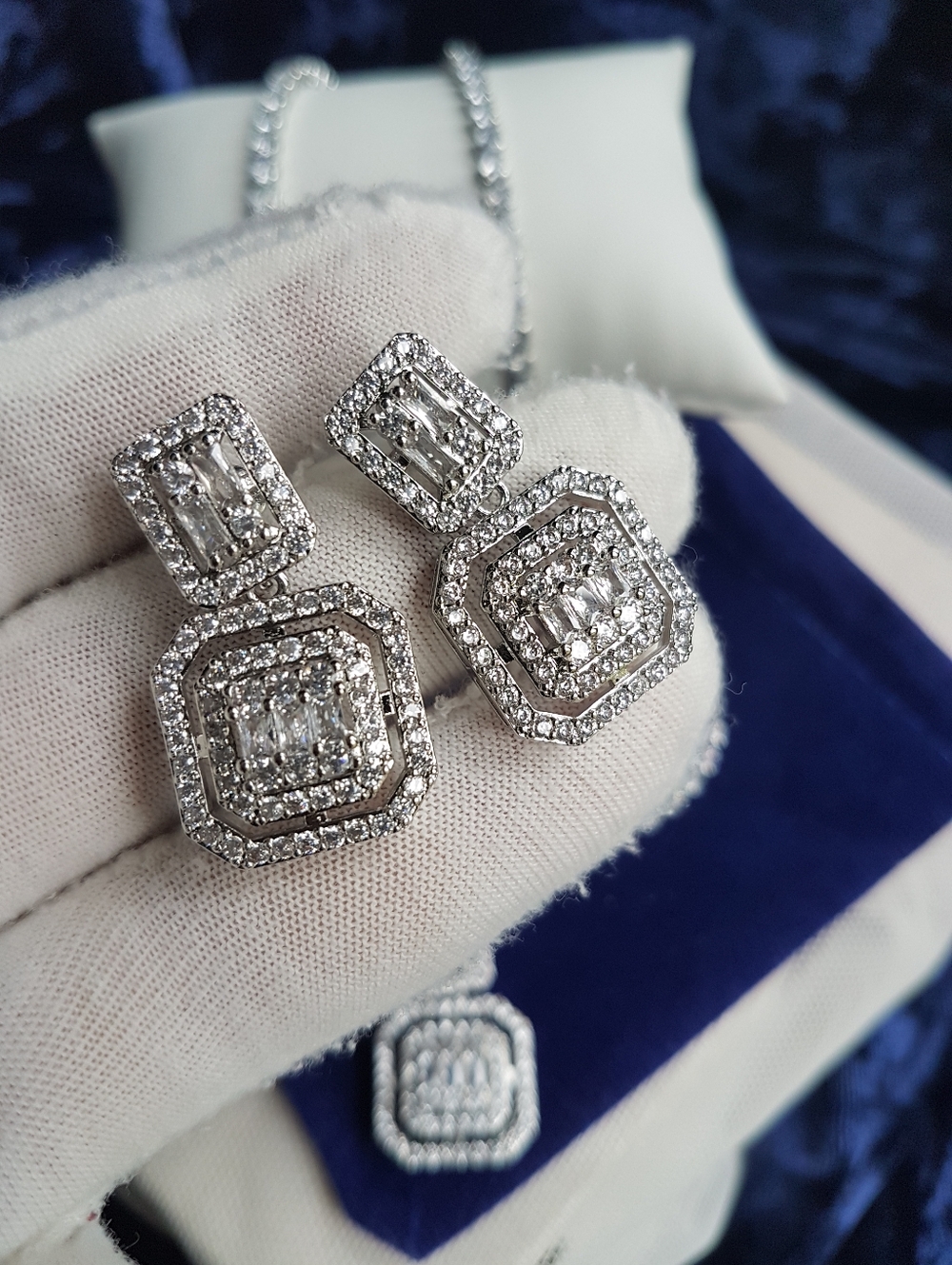 Swarovski Elements Platinum Plated Square Studded Halo Drop Earrings NEW